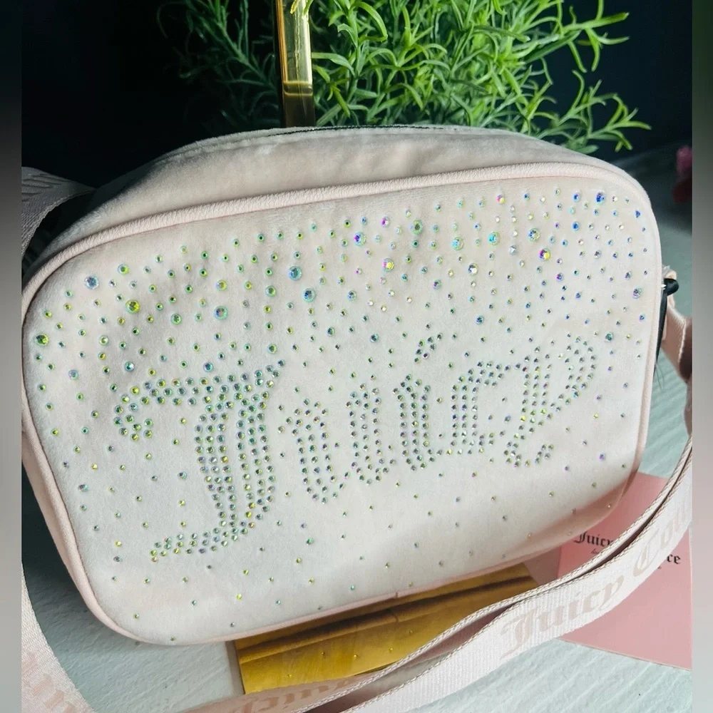 Juicy Couture Let It Shine Velvet Crossbody Pink Clay Rhinestone Logo NWT